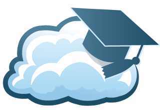 Een wolk met een mortarboard indicatief voor cloudgebruik in het onderwijs